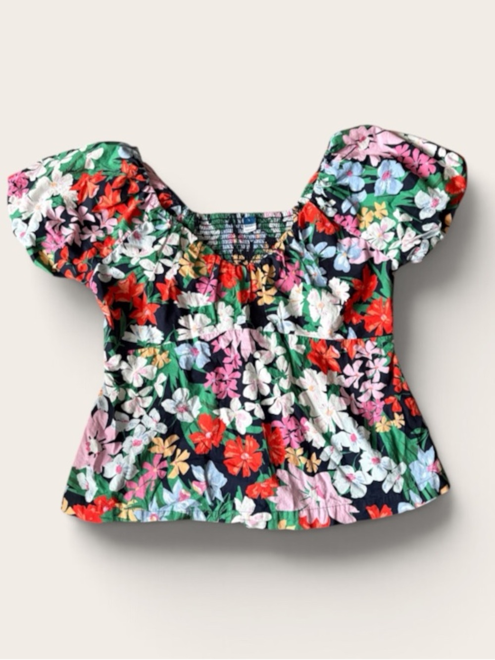 Old Navy Women’s L 100% Cotton Tropical Floral Puff Sleeve Smocked Blouse